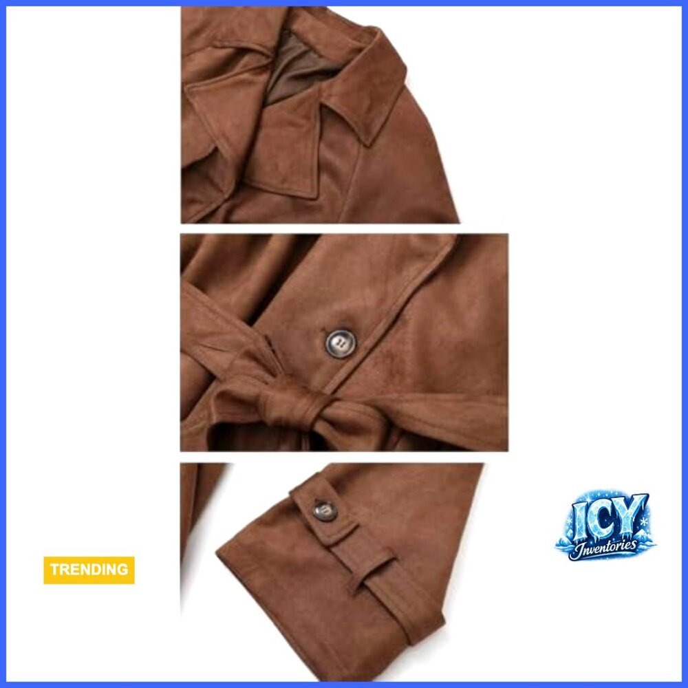 Faux Suede Trench Coat Double Breasted Belted Slim Fit Ankle Length - Picture 5 of 7